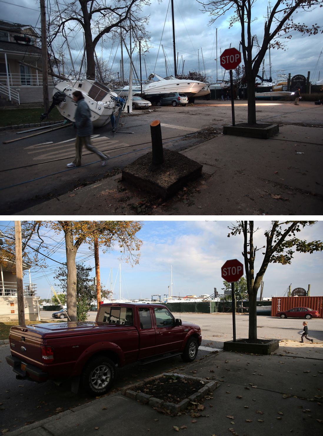 [Top] Boats pushed up by Hurricane Sandy lie against residences near a marina on November 2, 2012 in the Staten Island borough of New York City. [Bottom] A truck sits parked near a marina on October 17, 2013.